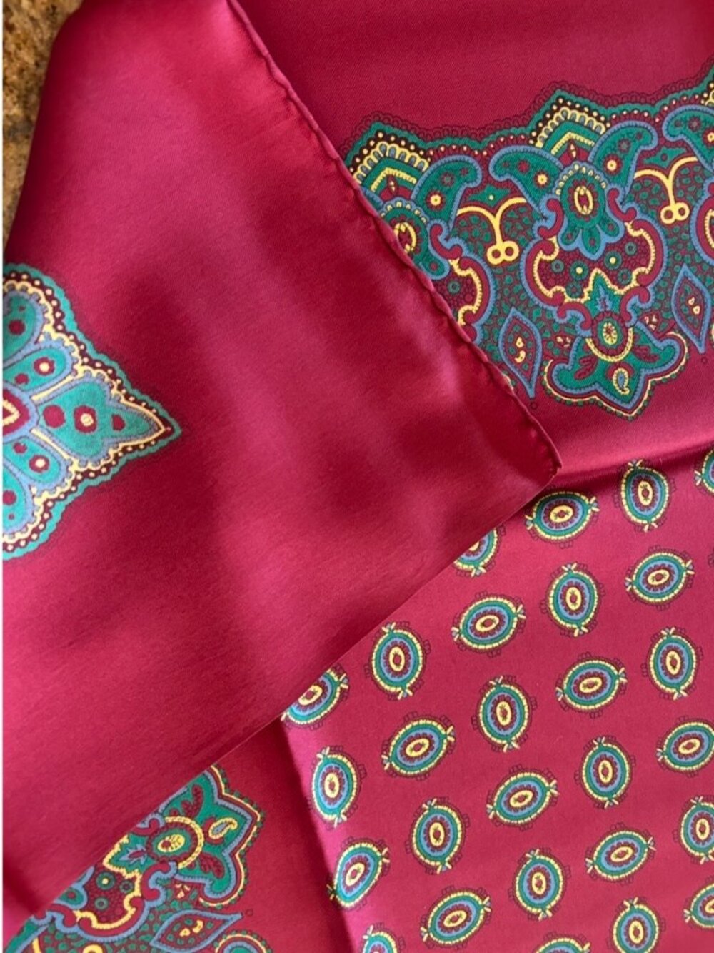 Vintage Red and Green with Yellow and Blue Highlights Scarf  ~34" x 34"